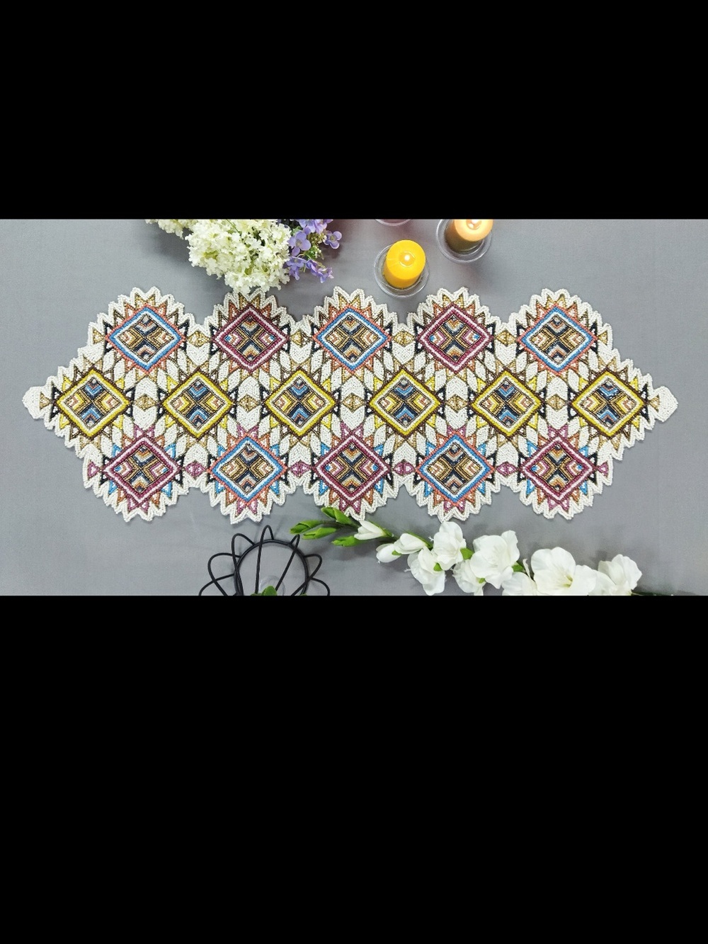World Market Hand Beaded Geometric Table Runner Multicolor 13x36 Boho Global NWT - Picture 7 of 11